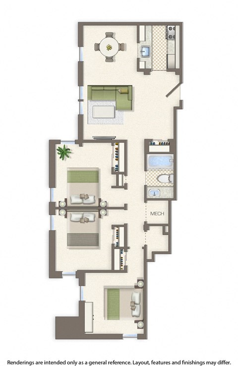 Floor plan for 3 beds, 1 bath, 923 sqft